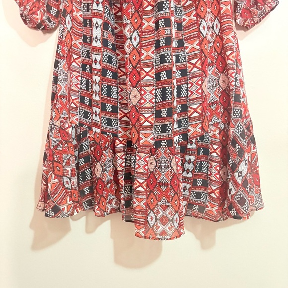 BB Dakota Red and Black Tribal Print Ruffled Trim Sundress w Smock Elastic Waist - Picture 6 of 16